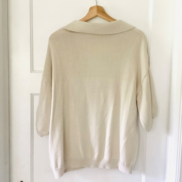 J. Society Women's Sz L Oatmeal 100% Cotton v-neck polo top oversized preppy - Picture 8 of 9